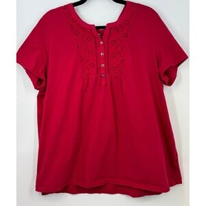 Woman Within Red Eyelet Peasant Top 1X Cotton Boho Cottagecore Blouse
